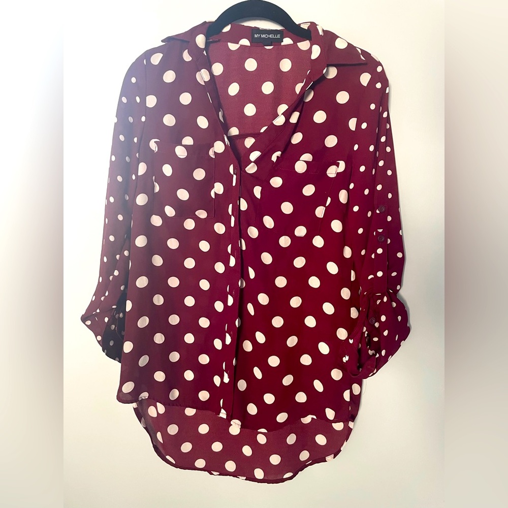 Wine polka dot button down shirt - S